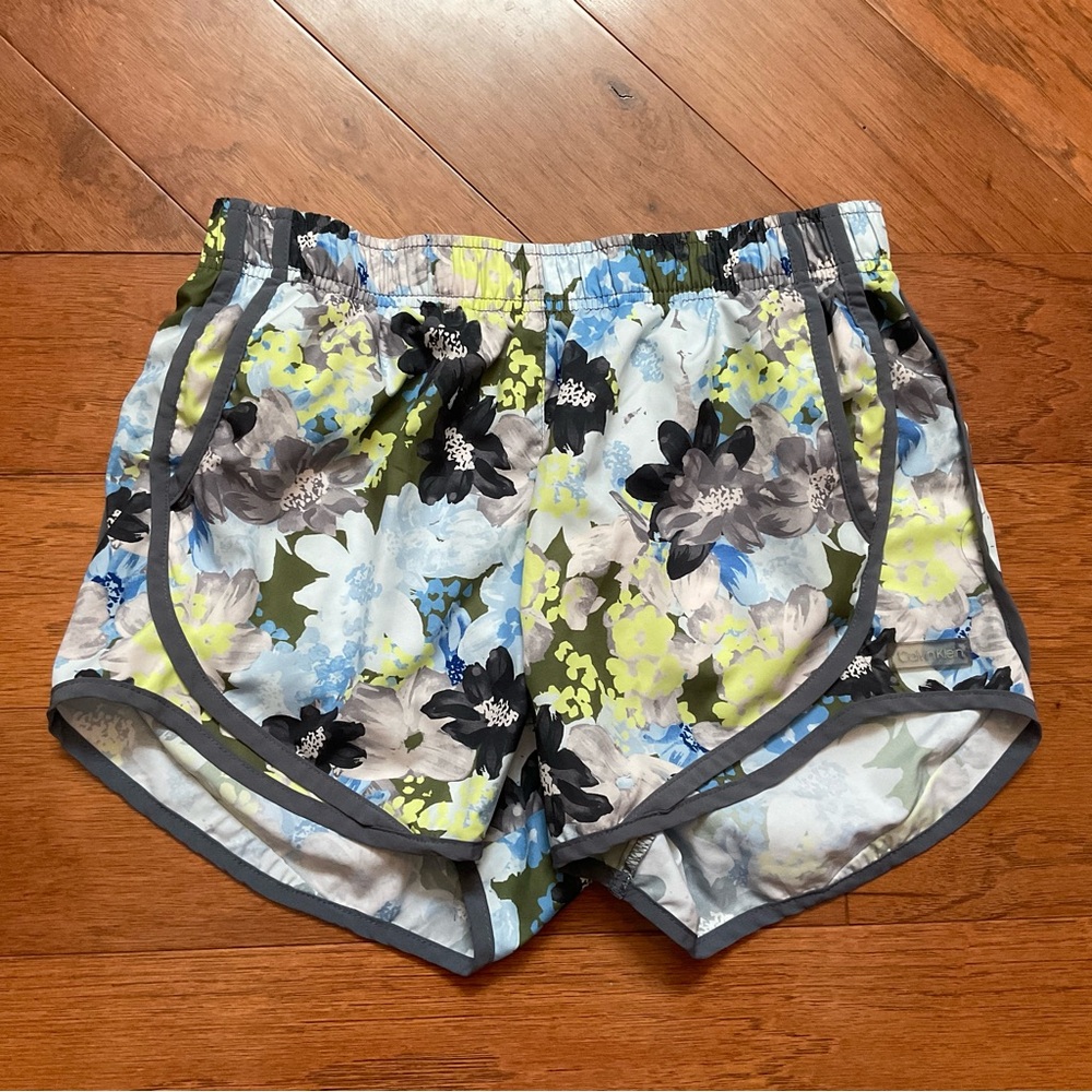 Calvin Klein Yellow, Blue Floral Print Drawstring Waist Athletic Shorts Size S